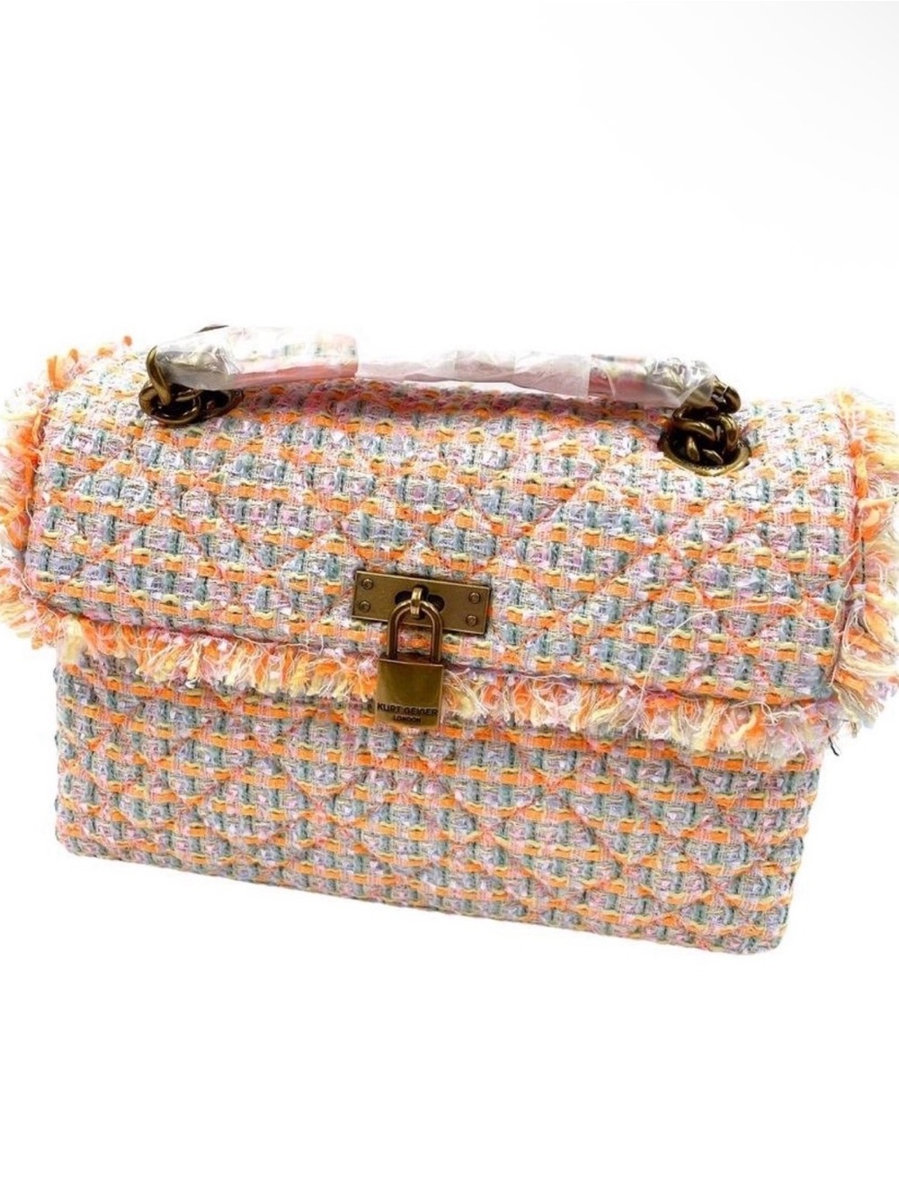 Kurt Geiger Pastel Tweed Shoulder Bag - Pink, Cream & Gold Hardware